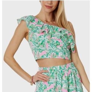Lilly Pulitzer Kasida Ruffle Top Just Wing‎ It Botanical Green Size 2 Smocked